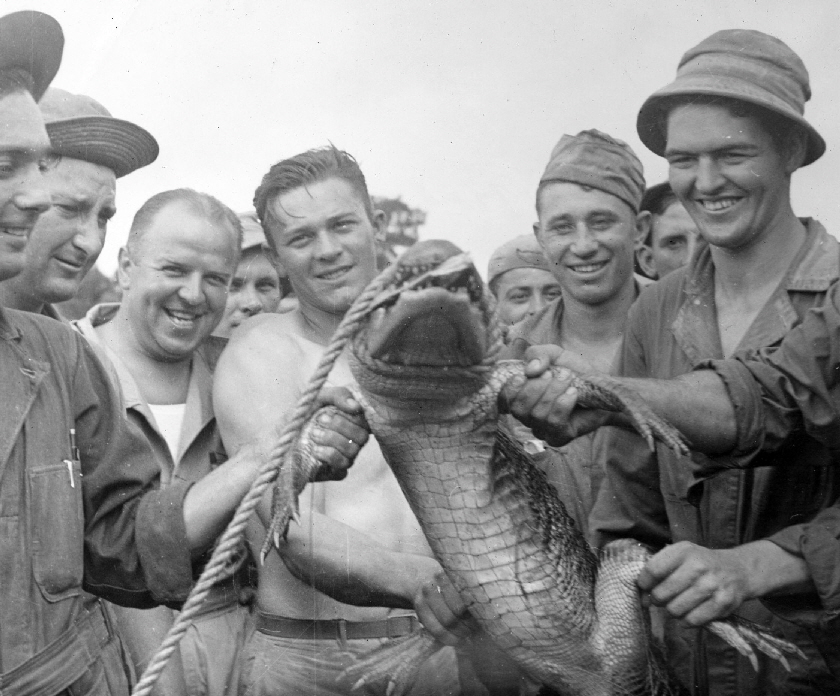men of 192nd with alligator Major Wickard Logan Sampson Lyle Harlowe Ancel Crick and Doc Sparrow edit